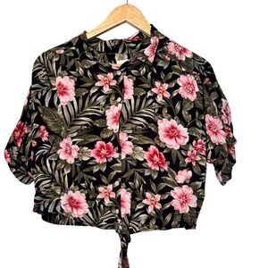 American Eagle Tropical Floral Cropped Tie Front Button Down Shirt Large Black